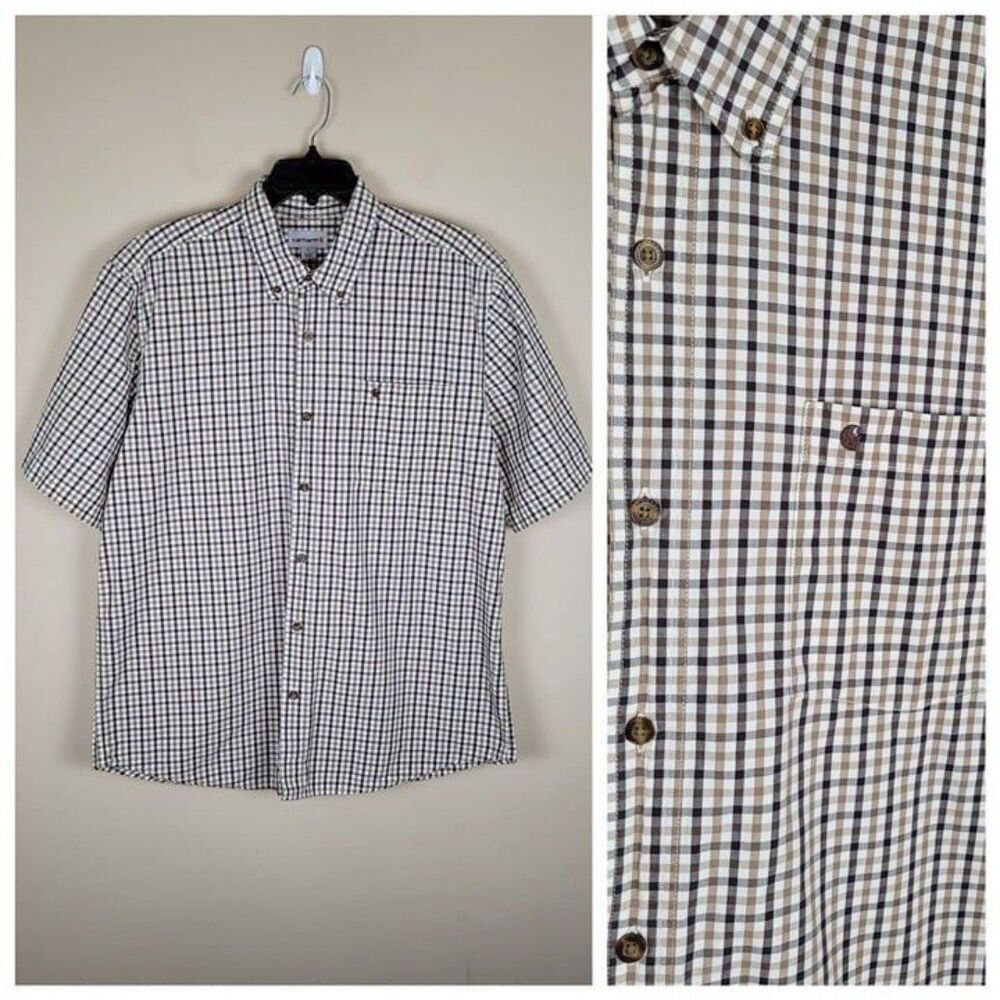 Carhartt Size XL Relaxed Fit Gingham Plaid Short Sleeve Button Shirt Brown White
